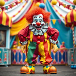 A very funny and realistic clown depicted in full height, standing with empty hands and no balloons