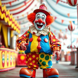 A very funny and realistic clown depicted in full height, standing with empty hands and no balloons