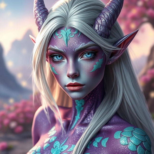 A captivating blood elf with striking purple glittery skin adorned with patches of mint green glittery dragon scales, showcasing an ethereal and magical appearance