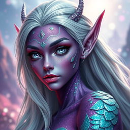 A captivating blood elf with striking purple glittery skin adorned with patches of mint green glittery dragon scales, showcasing an ethereal and magical appearance