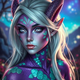 A captivating blood elf with striking purple glittery skin adorned with patches of mint green glittery dragon scales, showcasing an ethereal and magical appearance