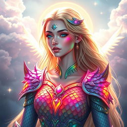 A celestial female being with radiant skin that glimmers with vibrant rainbows, adorned in intricate dragon scale armor