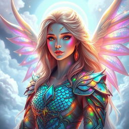 A celestial female being with radiant skin that glimmers with vibrant rainbows, adorned in intricate dragon scale armor