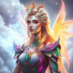 A celestial female being with radiant skin that glimmers with vibrant rainbows, adorned in intricate dragon scale armor