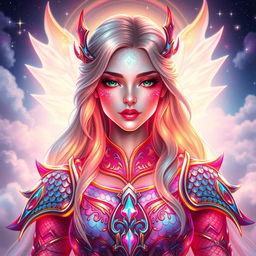 A celestial female being with radiant skin that glimmers with vibrant rainbows, adorned in intricate dragon scale armor
