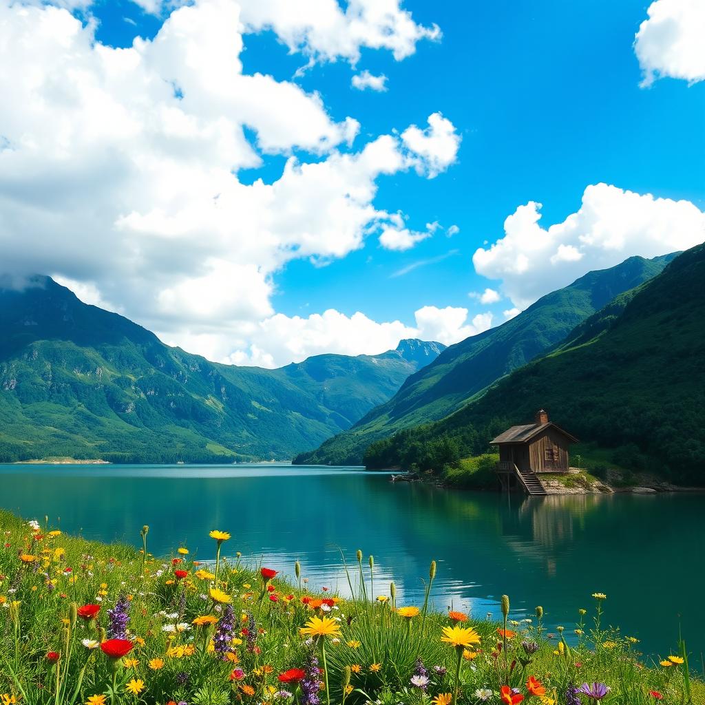 A breathtaking landscape featuring a serene lake surrounded by lush green mountains, dotted with colorful wildflowers in the foreground