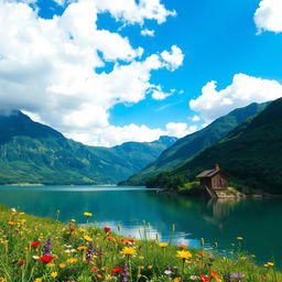 A breathtaking landscape featuring a serene lake surrounded by lush green mountains, dotted with colorful wildflowers in the foreground