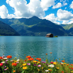 A breathtaking landscape featuring a serene lake surrounded by lush green mountains, dotted with colorful wildflowers in the foreground