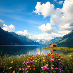 A breathtaking landscape featuring a serene lake surrounded by lush green mountains, dotted with colorful wildflowers in the foreground