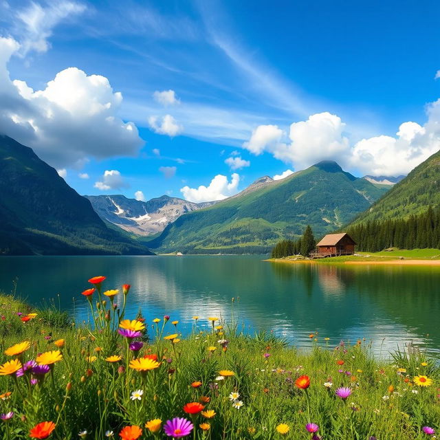 A breathtaking landscape featuring a serene lake surrounded by lush green mountains, dotted with colorful wildflowers in the foreground