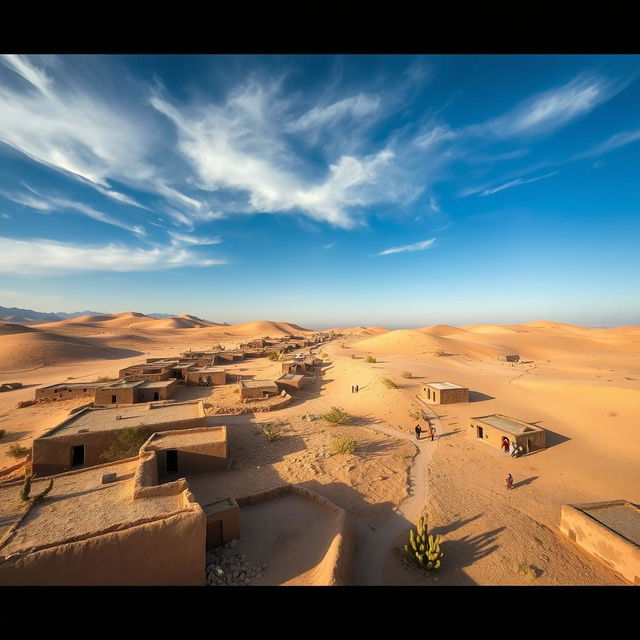 Aerial view of a desert village, showcasing traditional adobe houses and clay structures surrounded by sandy dunes