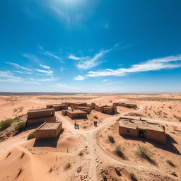 Aerial view of a desert village, showcasing traditional adobe houses and clay structures surrounded by sandy dunes