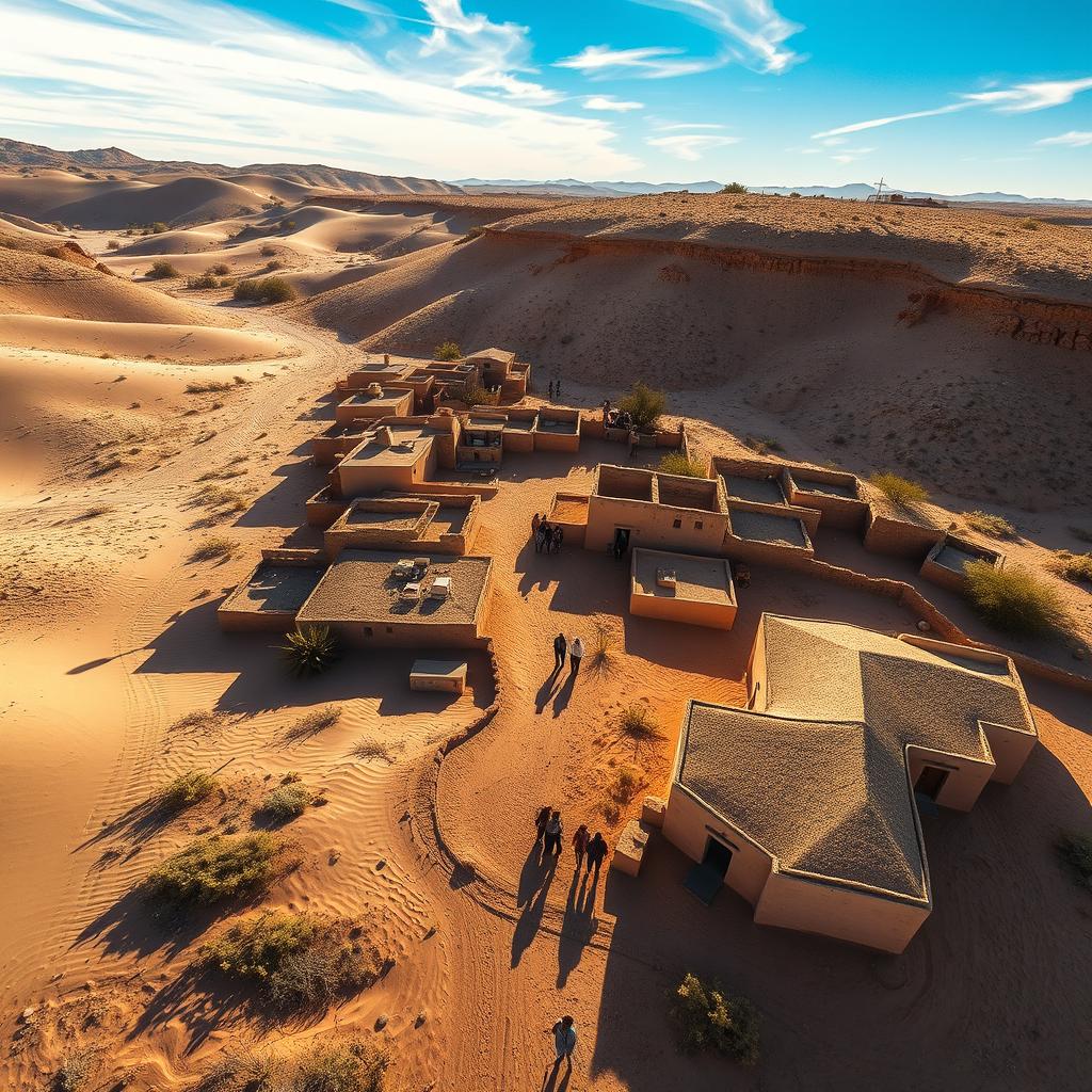 Aerial view of a desert village, showcasing traditional adobe houses and clay structures surrounded by sandy dunes