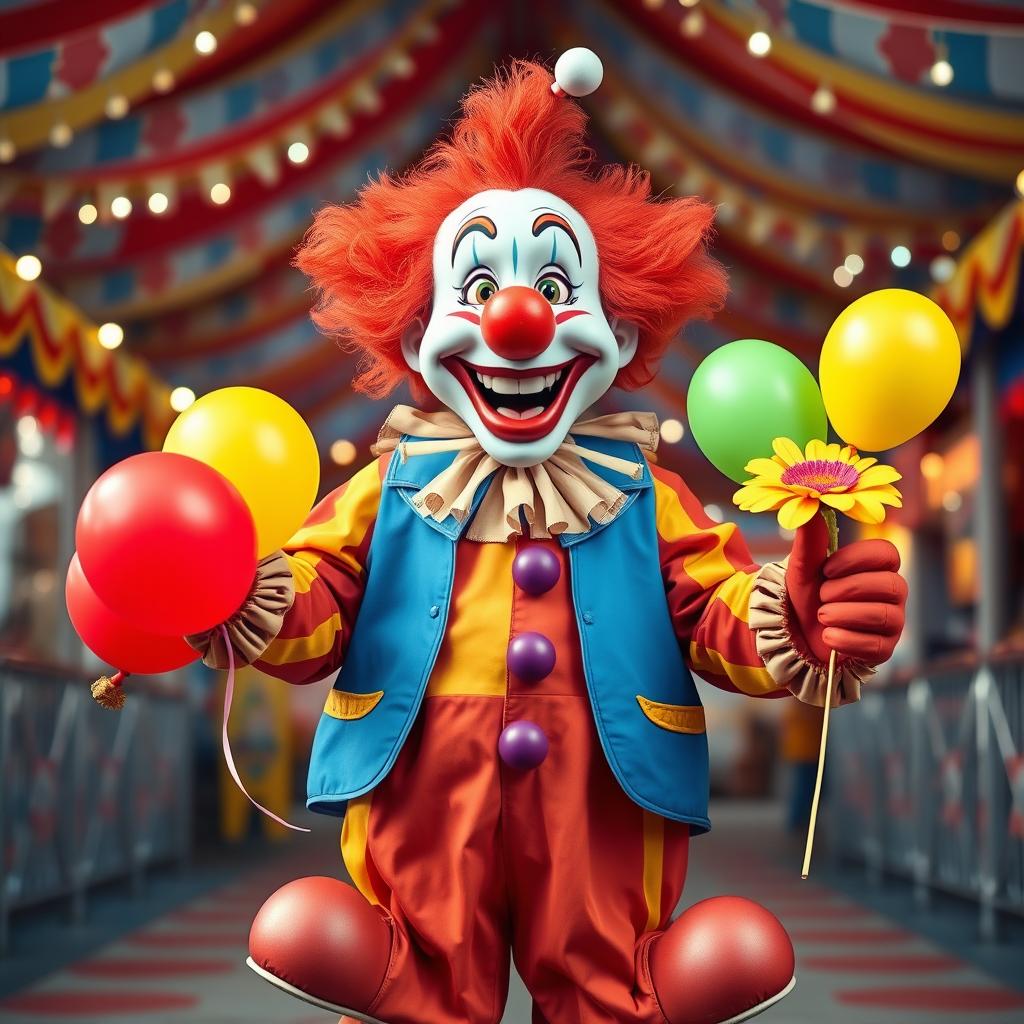 A cute and funny ultra-realistic clown depicted in full length, radiating joy and humor