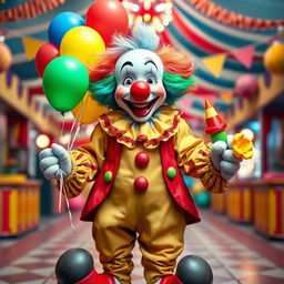 A cute and funny ultra-realistic clown depicted in full length, radiating joy and humor