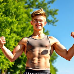 A muscular teenage boy showcasing his physique, standing confidently with a friendly smile