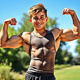 A muscular teenage boy showcasing his physique, standing confidently with a friendly smile