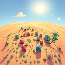 A top-down view of a pixelated village in a desert setting