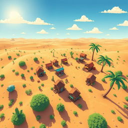 A top-down view of a pixelated village in a desert setting