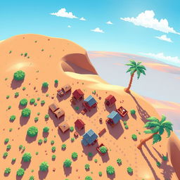 A top-down view of a pixelated village in a desert setting