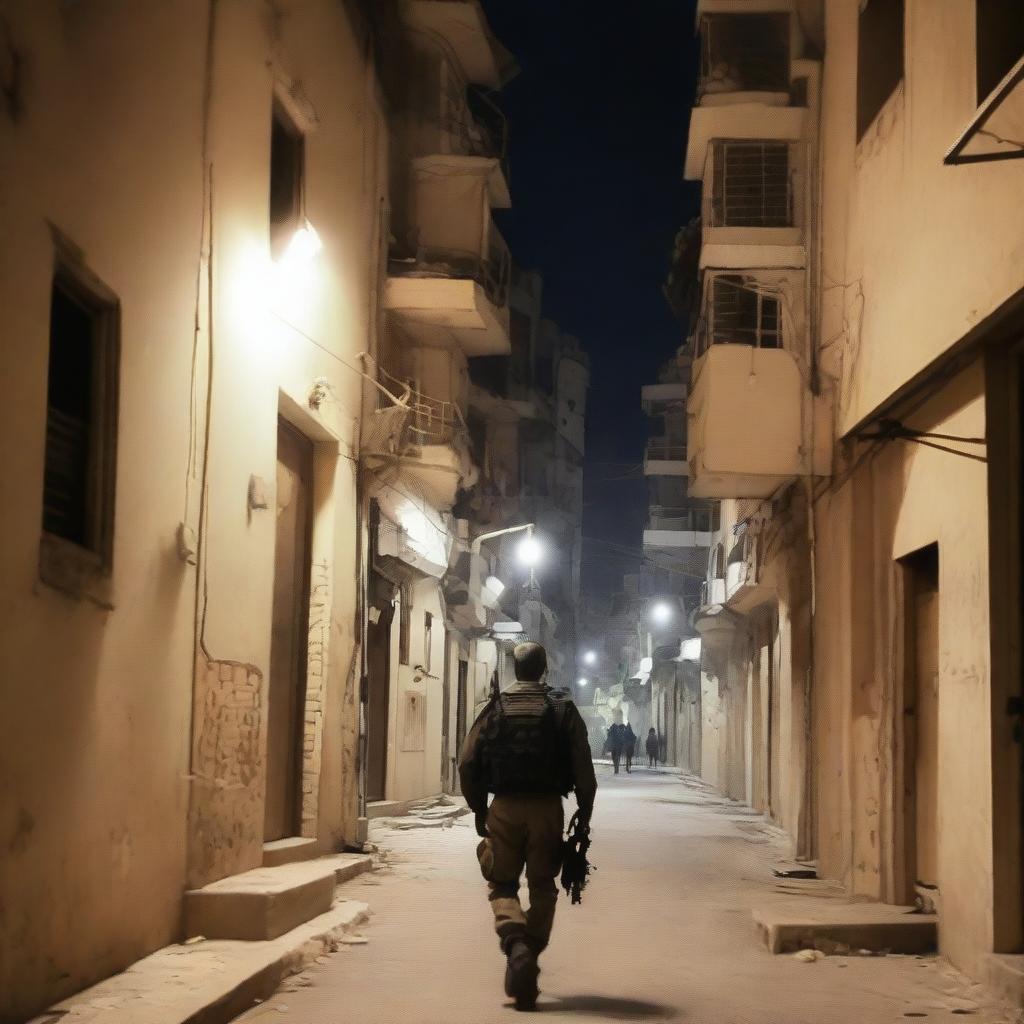 A night scene in Gaza City, Palestine, where an Israeli soldier can be seen arriving amongst the illuminated buildings and quiet streets