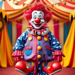 A very funny and realistic clown depicted in full height, standing with empty hands and no balloons, exuding a cheerful and non-scary vibe