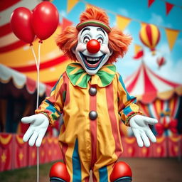 A very funny and realistic clown depicted in full height, standing with empty hands and no balloons, exuding a cheerful and non-scary vibe