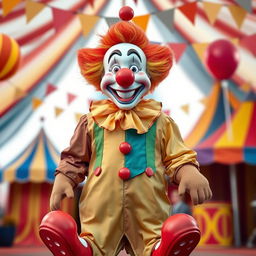A very funny and realistic clown depicted in full height, standing with empty hands and no balloons, exuding a cheerful and non-scary vibe