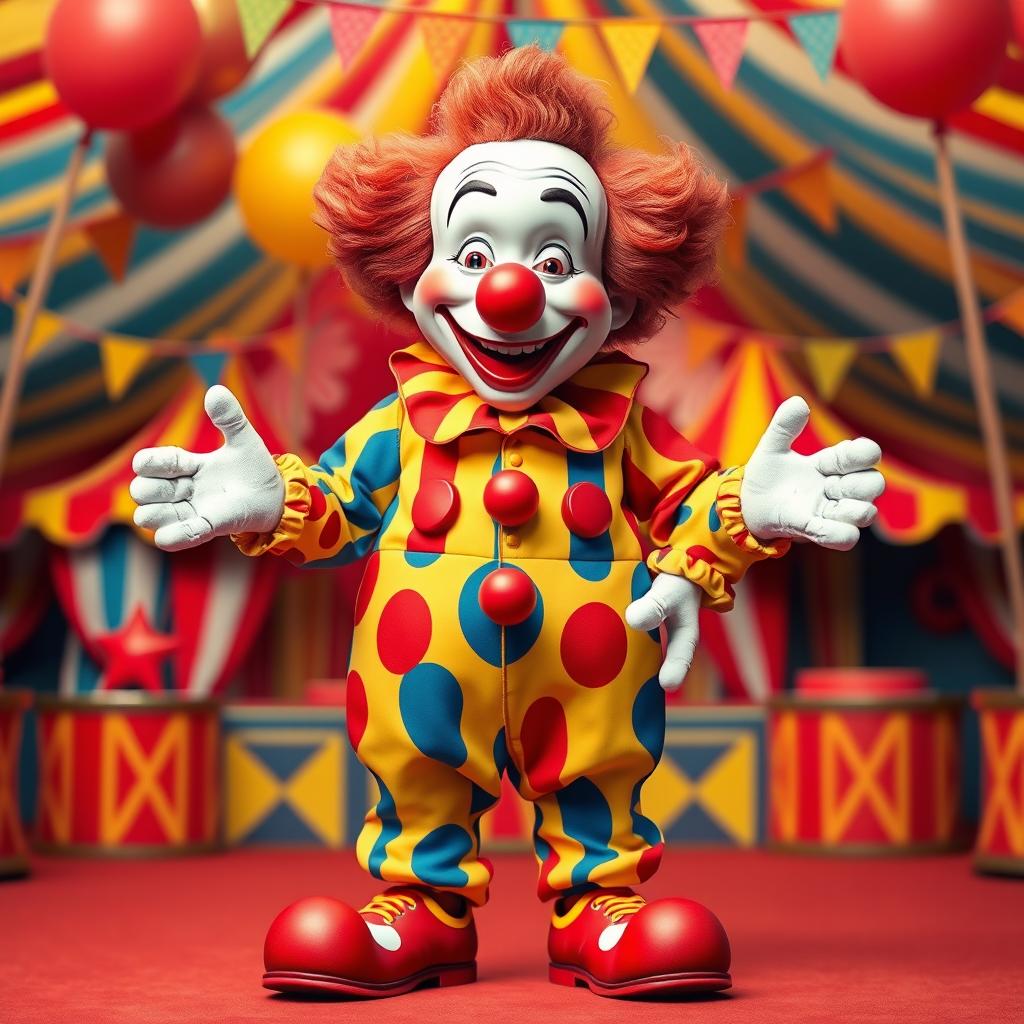 A very funny and realistic clown depicted in full height, standing with empty hands and no balloons, exuding a cheerful and non-scary vibe