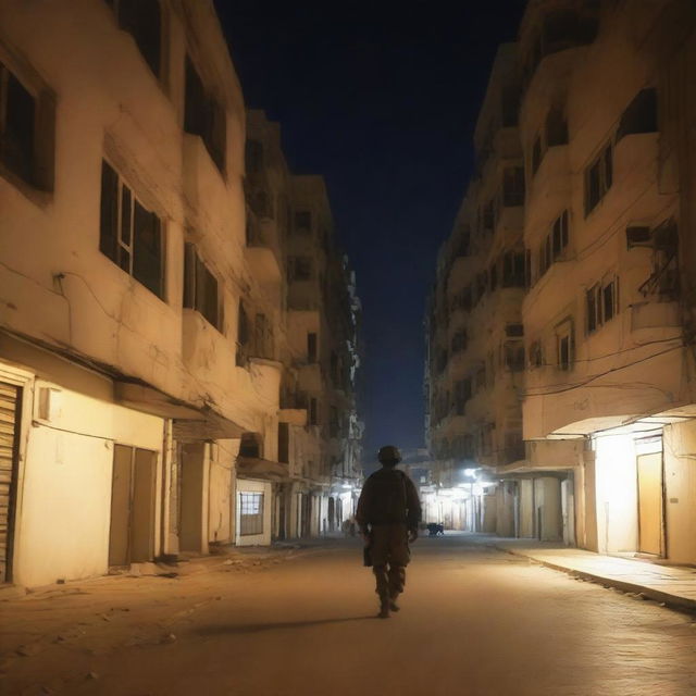 A night scene in Gaza City, Palestine, where an Israeli soldier can be seen arriving amongst the illuminated buildings and quiet streets