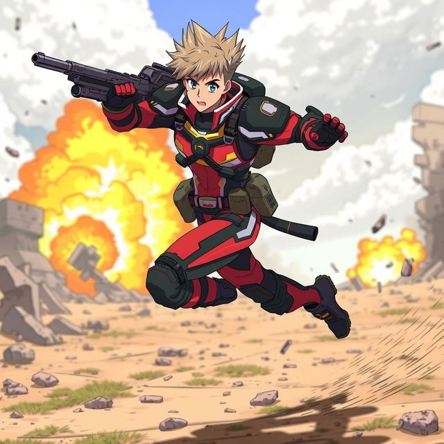 An anime-style soldier in mid-run, wearing a futuristic military uniform with vibrant colors, dynamic pose, and flowing movement