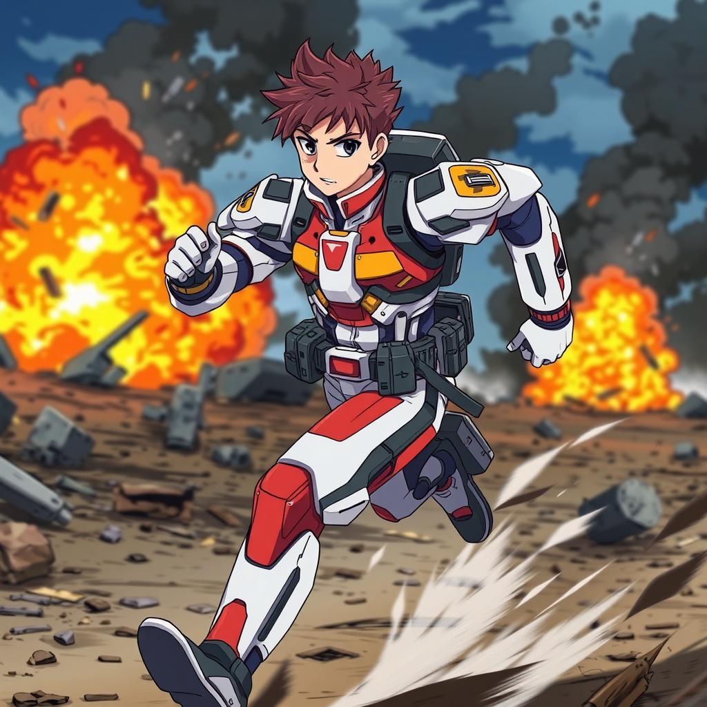 An anime-style soldier in mid-run, wearing a futuristic military uniform with vibrant colors, dynamic pose, and flowing movement