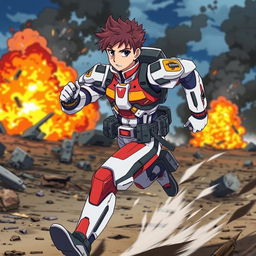 An anime-style soldier in mid-run, wearing a futuristic military uniform with vibrant colors, dynamic pose, and flowing movement