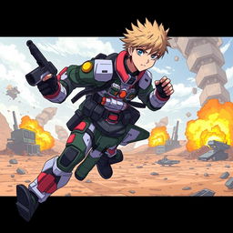An anime-style soldier in mid-run, wearing a futuristic military uniform with vibrant colors, dynamic pose, and flowing movement