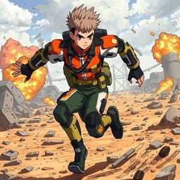 An anime-style soldier in mid-run, wearing a futuristic military uniform with vibrant colors, dynamic pose, and flowing movement