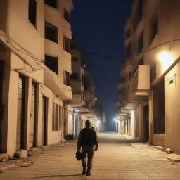 A night scene in Gaza City, Palestine, where an Israeli soldier can be seen arriving amongst the illuminated buildings and quiet streets