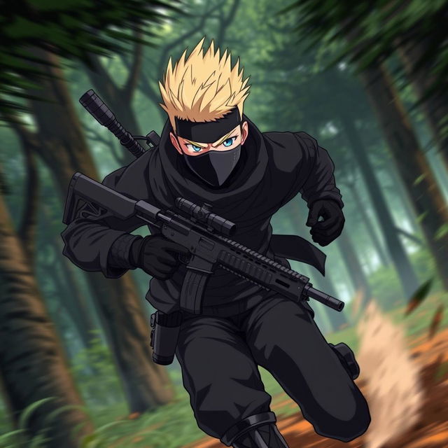 An anime-style ninja with a blonde buzzed fauxhawk, running swiftly through a dense forest