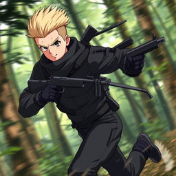 An anime-style ninja with a blonde buzzed fauxhawk, running swiftly through a dense forest