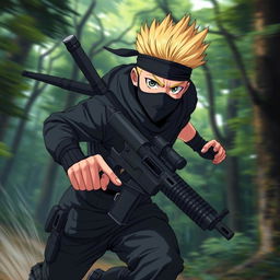 An anime-style ninja with a blonde buzzed fauxhawk, running swiftly through a dense forest