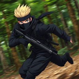 An anime-style ninja with a blonde buzzed fauxhawk, running swiftly through a dense forest