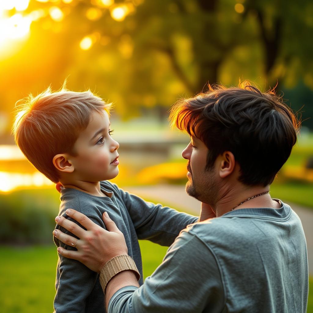 A deeply emotional and complex scene depicting the bond between a father and son, emphasizing love, care, and mutual respect