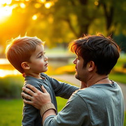 A deeply emotional and complex scene depicting the bond between a father and son, emphasizing love, care, and mutual respect