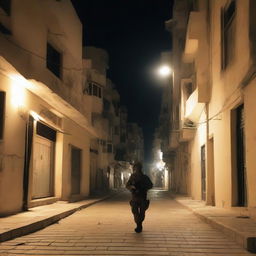 A night scene in Gaza City, Palestine, where an Israeli soldier can be seen arriving amongst the illuminated buildings and quiet streets