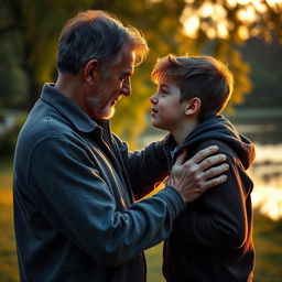 A deeply emotional and complex scene depicting the bond between a father and son, emphasizing love, care, and mutual respect