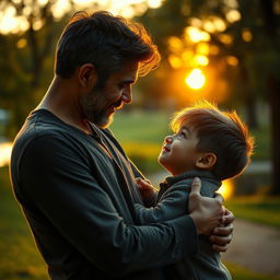A deeply emotional and complex scene depicting the bond between a father and son, emphasizing love, care, and mutual respect