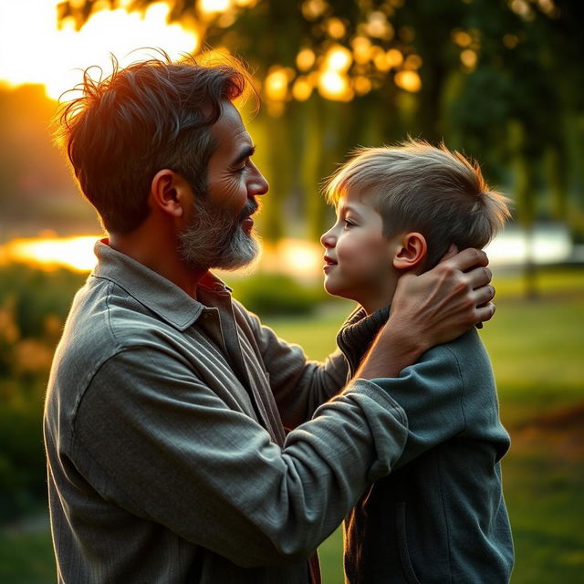 A deeply emotional and complex scene depicting the bond between a father and son, emphasizing love, care, and mutual respect