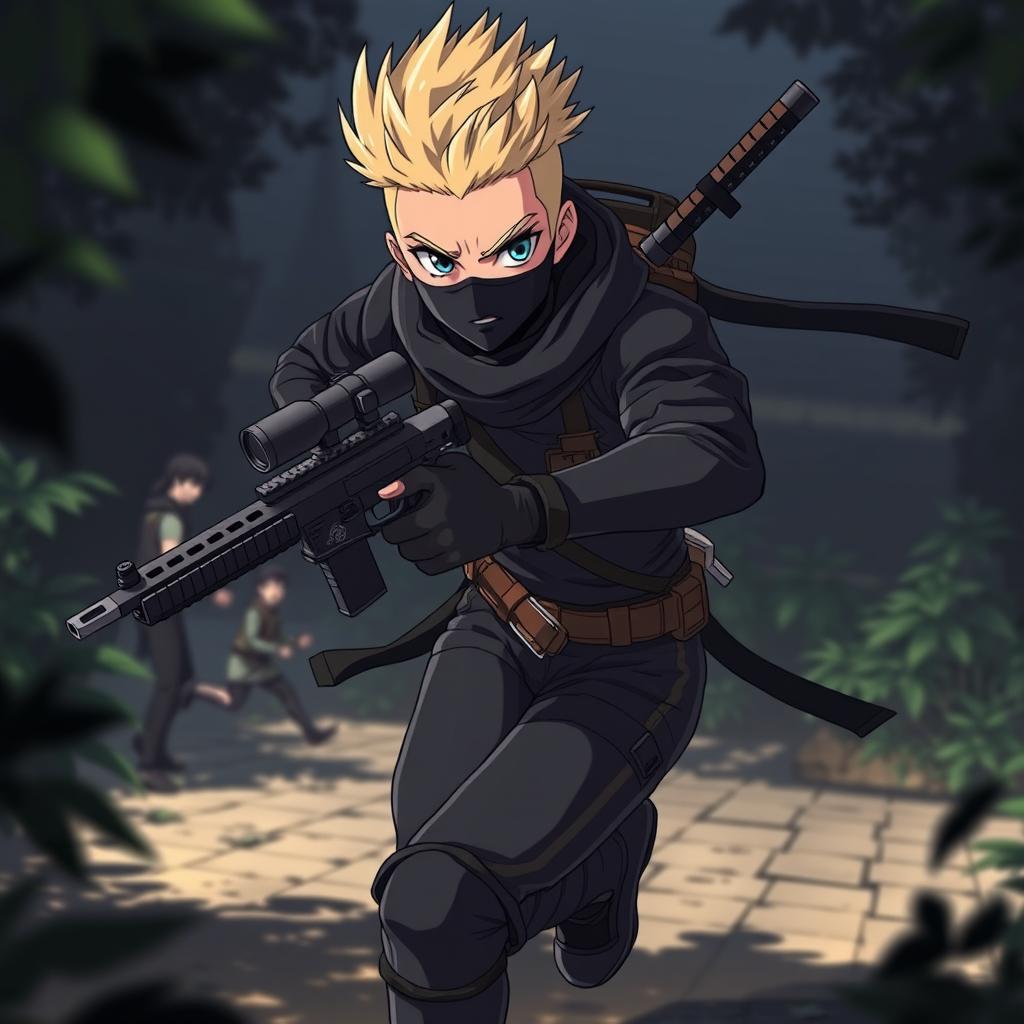 A striking anime-style ninja with a full face visible, showcasing a blonde buzzed fauxhawk, running with agility through a dark, shadowy environment