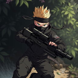 A striking anime-style ninja with a full face visible, showcasing a blonde buzzed fauxhawk, running with agility through a dark, shadowy environment