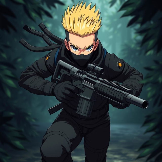 A striking anime-style ninja with a full face visible, showcasing a blonde buzzed fauxhawk, running with agility through a dark, shadowy environment