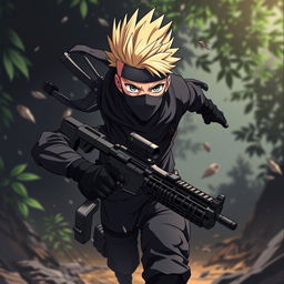 A striking anime-style ninja with a full face visible, showcasing a blonde buzzed fauxhawk, running with agility through a dark, shadowy environment